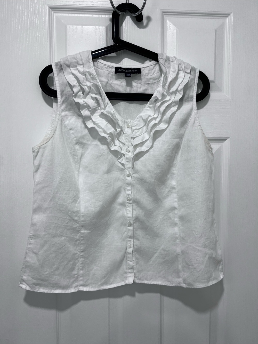 Jones New York white 100% linen ruffle sleeveless bottom front blouse PL - Picture 3 of 8